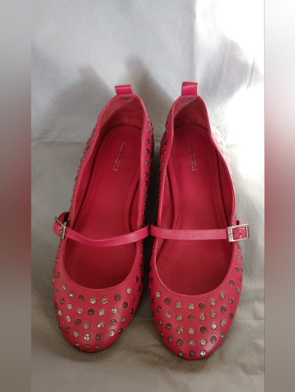 Free People Twiggy Red Leather Studded Mary Jane Ballet Flats Sz 11